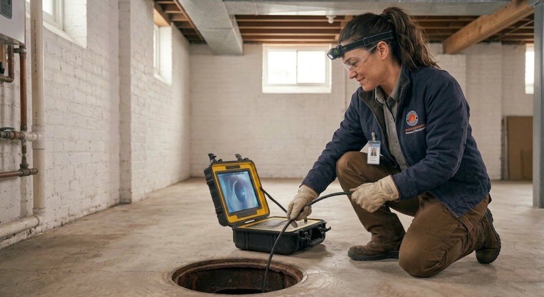 Plumbing technician utilizing digital diagnostic monitors to inspect internal pipe infrastructure and layout