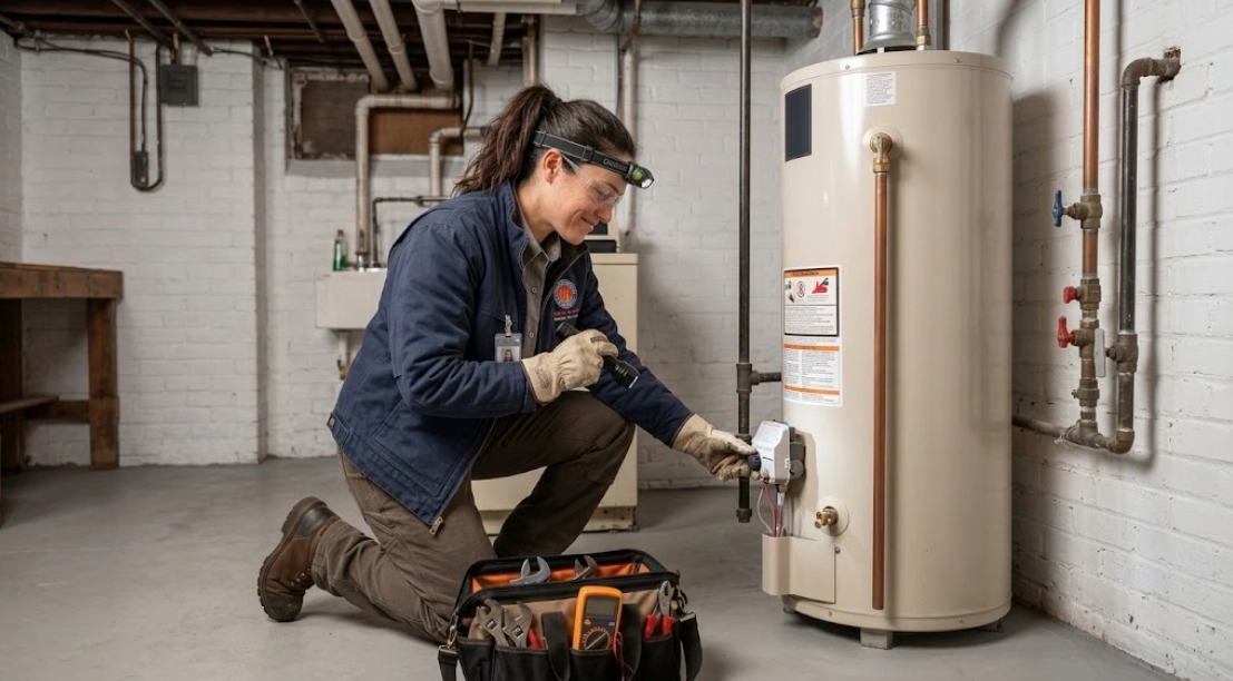 Plumbing technician testing thermostat and burner assembly on a residential gas water heater